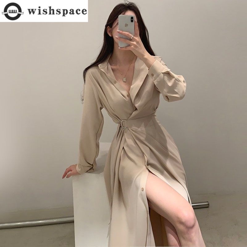 Korean Style A Line Shirt Dress - Стильное платье-рубашка с длинными рукавами и