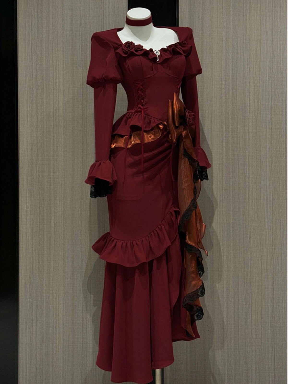 French Vintage Floral Midi Dress - Весеннее красное винтажное платье, женское кружевное