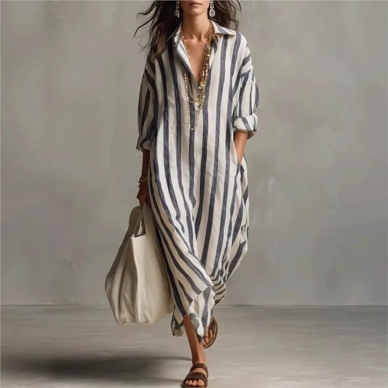 Casual Loose Linen Shirt Dress - Элегантное льняное платье с отложным воротником,